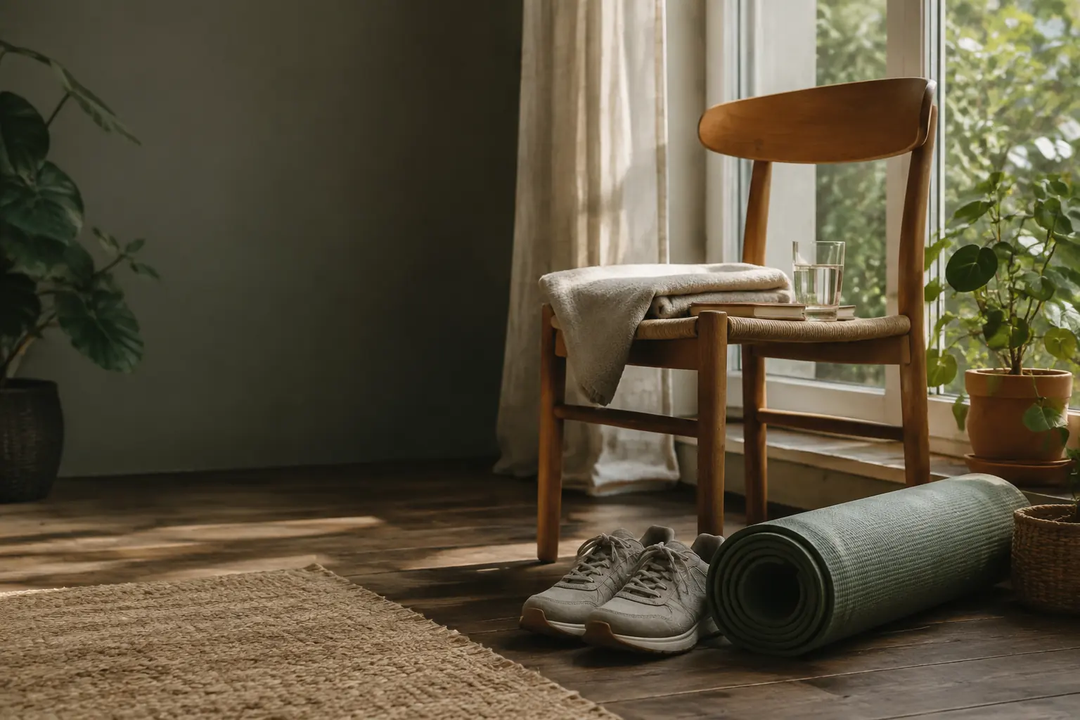 Rustige kamer met stoel, wandelschoenen en oefenmat bij een raam
